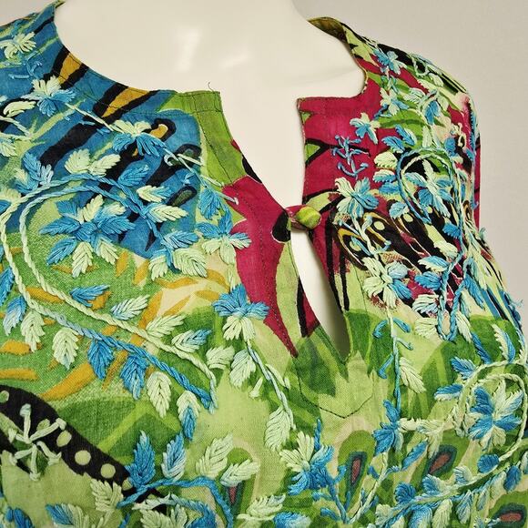 Raj Tunic Top Size L Womens Floral Embroidered Long Sleeve Cover-Up Bohemian - Picture 4 of 9